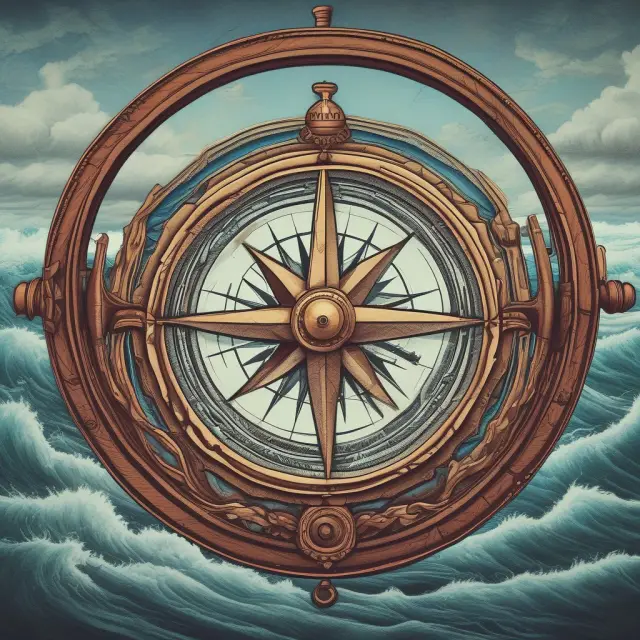 A compass floating on a body of water, with various economic indicator symbols (GDP, unemployment rate, inflation, etc.) around it, representing their role in guiding the economy