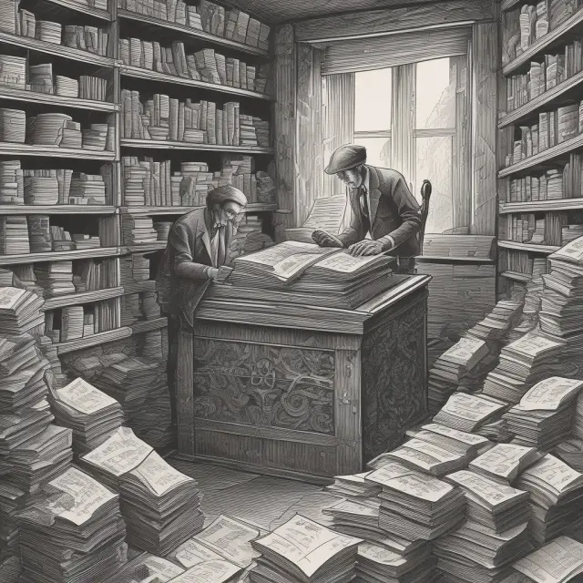 A person delves into the complex EDGAR database, finding essential company data among the cluttered documents.