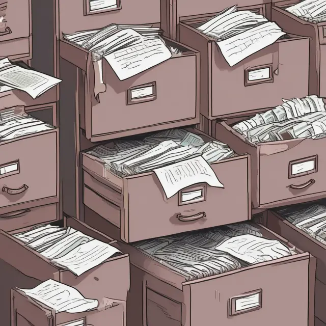 A filing cabinet brimming with documents being sorted by a pair of wise, digital hands. EDGAR filings form the foundation for informed investment decisions.