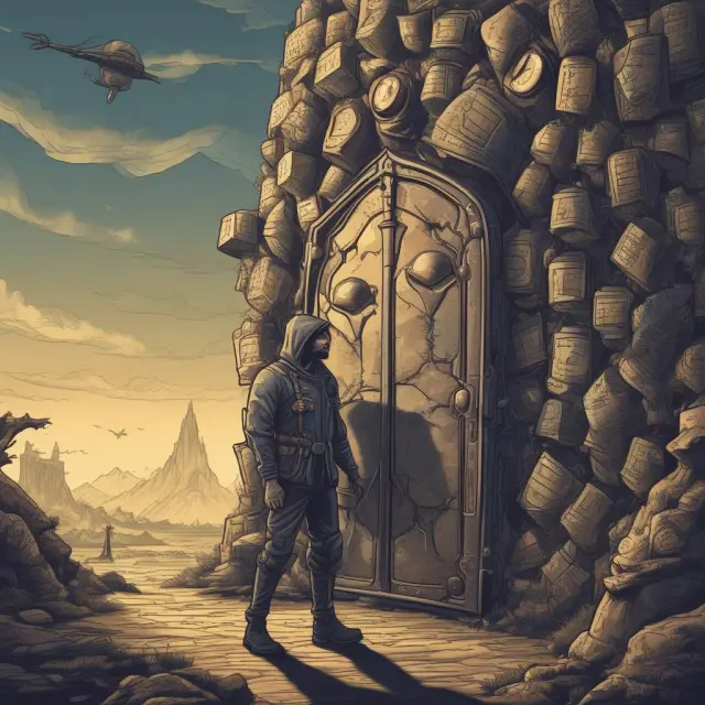 A hacker attempting to break through the digital security walls of EDGAR while the SEC ensures protection with a shield