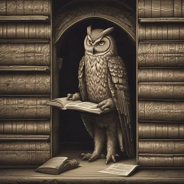 An owl examines old financial documents in the EDGAR database, symbolizing the pursuit of knowledge and informed investment decisions