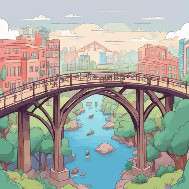 Students from diverse backgrounds joining hands on a bridge, signifying the connectivity and unity offered by MOOCs