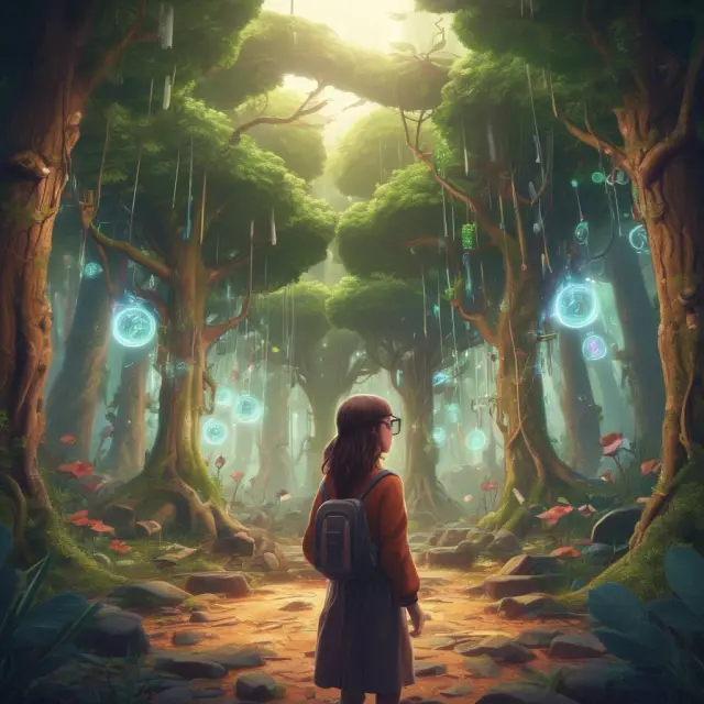 A teacher stands in a lush digital forest, guiding students as they explore edtech trends like AI, VR/AR, and MOOCs