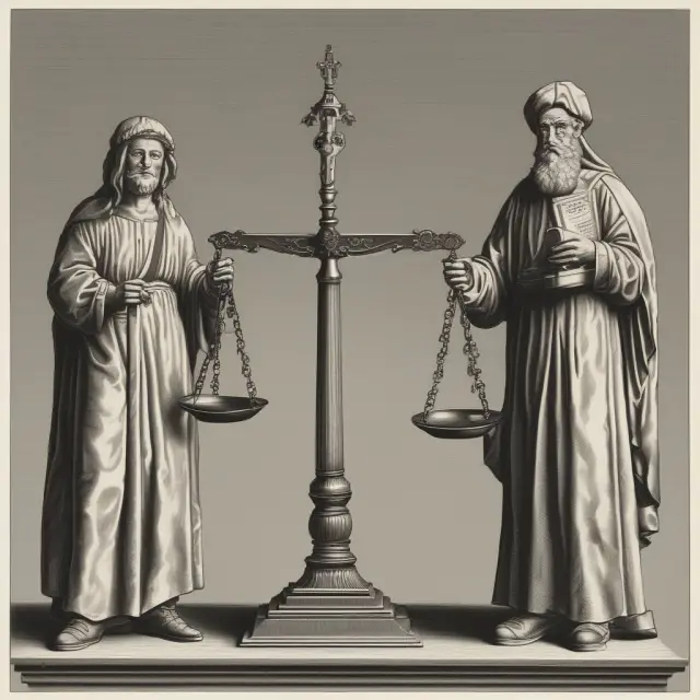 Two scholars in academic robes balance two sets of scales labeled 