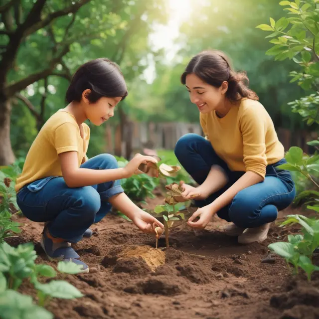 A parent lovingly deposits gold coins in a flowerbed, symbolizing contributions to an Education IRA for their child