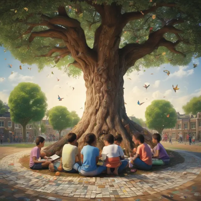 Children learning under a tree with roots representing diversified investment options for an education IRA