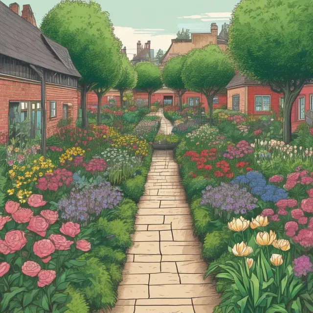 Image: A lush garden filled with various plants representing potential rental income (blooming flowers), additional income sources (fruit trees), vacancy costs (weeds), and credit costs (pests).