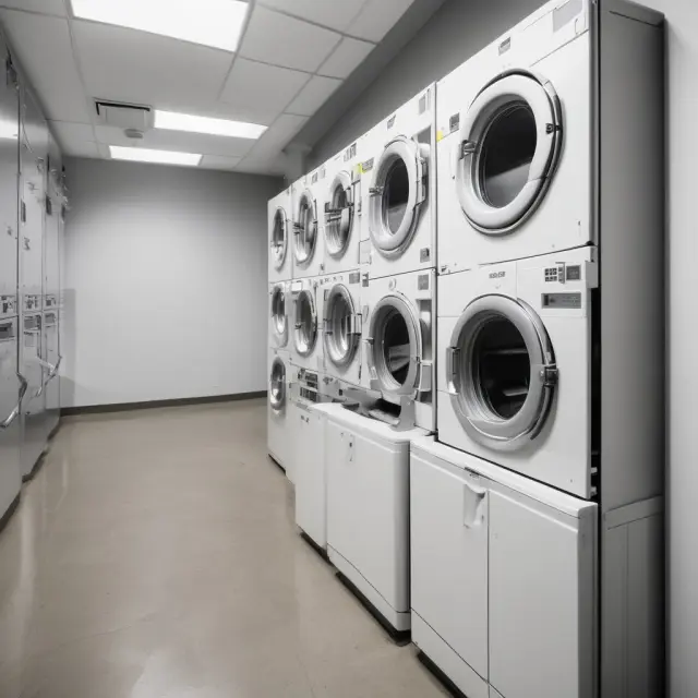 Image of a rental property with various revenue sources: coin-operated laundry machines, vending machines, parking permit station, storage units, and pet-friendly signage