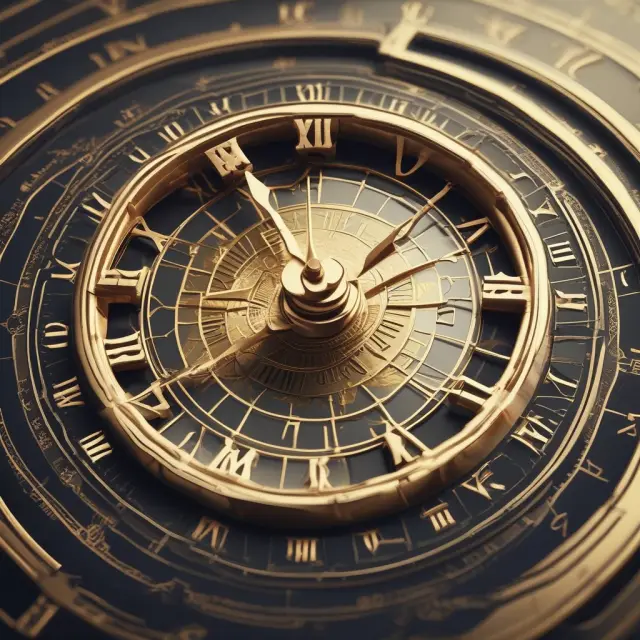 An ornate clock with golden hands circling a spinning financial calendar, highlighting effective dating in finance