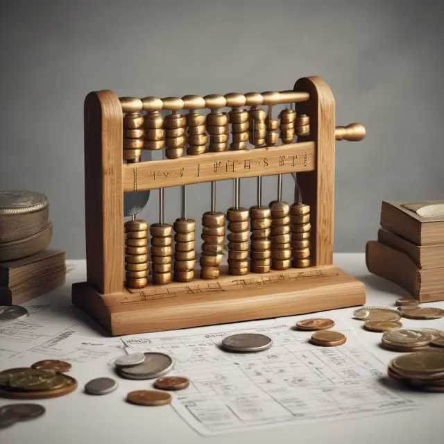 Golden abacus performing calculations for effective annual interest rates on an assortment of coins and investment instruments.