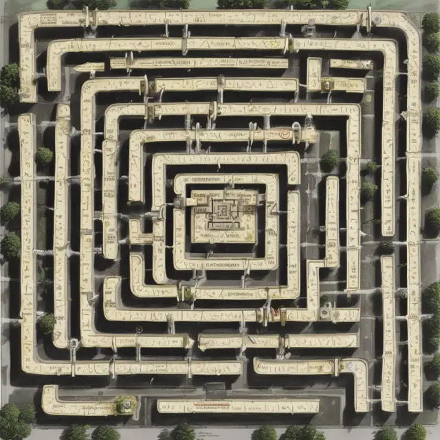 An intricate maze illustrating the complexities of efficiency ratios with signposts labeled 