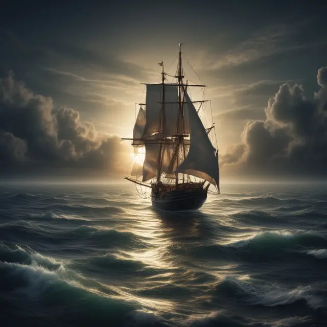 A sailboat navigating turbulent waters with market forces represented by sails tugging at its sides, illustrating the impact of market inefficiencies