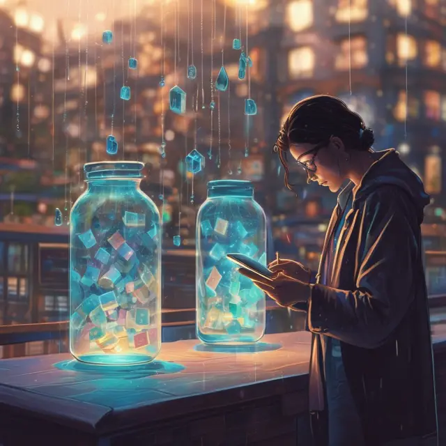 Digital taxpayer accessing EFTPS records with savings in a jar amidst falling raindrops