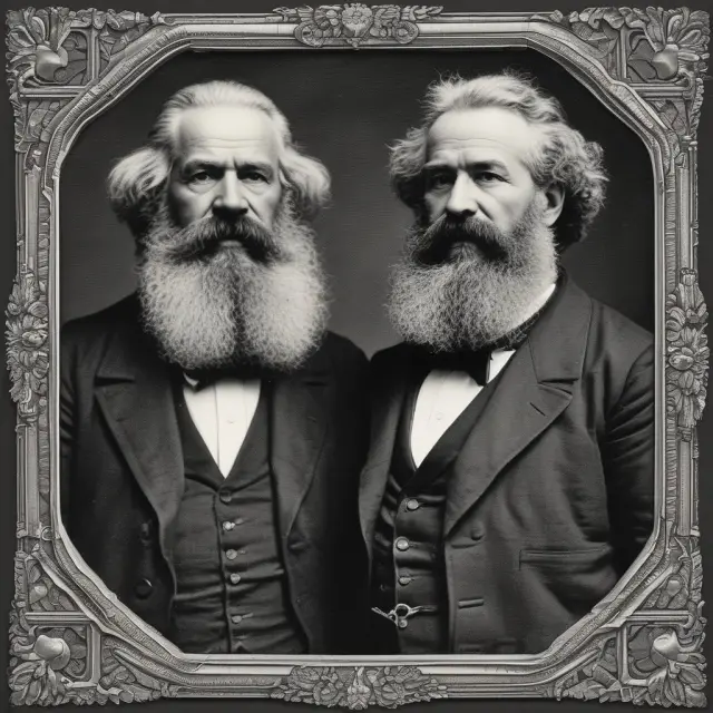 An image of Karl Marx and John Locke sitting together, each holding a thread representing their philosophies, intertwining them to symbolize equality