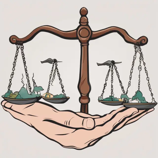 Six balanced scales represent economic, legal, moral, political, racial, and gender egalitarianism principles