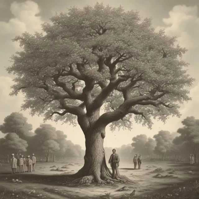 An egalitarianism tree representing equality blooms, its seeds growing into a collectively owned orchard symbolizing socialism