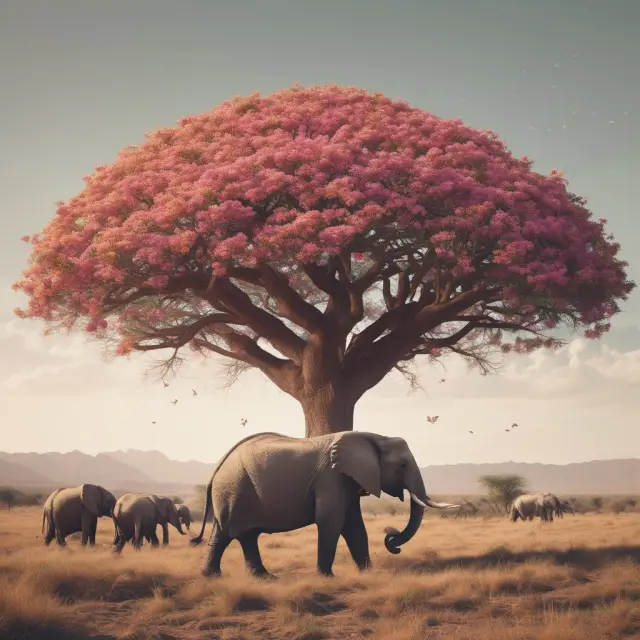 An agile elephant guiding its herd towards an extraordinary tree bloom for an Extraordinary General Meeting (EGM), representing urgent corporate matters requiring swift shareholder action.