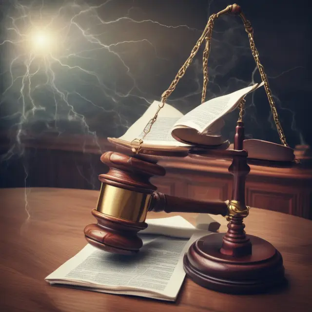 A lawyer wields a gavel amidst turbulent seas in a meeting room, symbolizing the legal necessity of extraordinary general meetings.