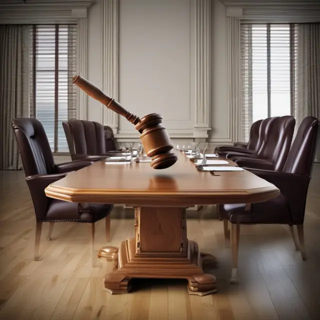 An image showing a gavel striking a wooden table, with text above reading