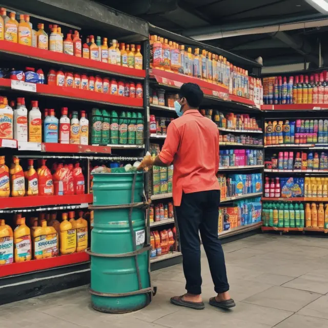 A consumer holding onto a fuel pump as waves of price fluctuations ripple around them, symbolizing the relative inelastic demand for essential goods