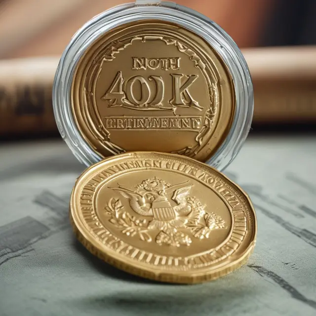 Golden coin symbolizing Roth vs. Traditional 401(k)s, with labels for tax-deductions and tax-exempt retirement savings.