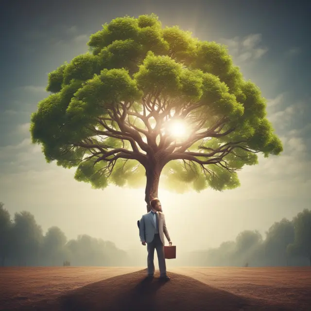 A growing tree nourished by a radiant employer sun, symbolizing employer matching contributions to an employee
