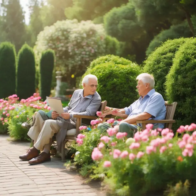 An elderly couple in a garden surrounded by trees representing Traditional IRA, Roth IRA, SEP-IRA, and SIMPLE IRA, discussing their unique tax advantages