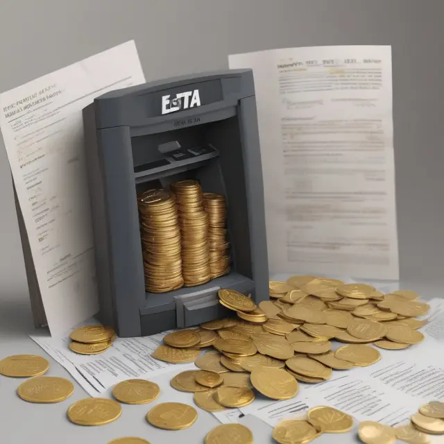 An ATM dispensing golden coins with regulatory papers, illustrating the Electronic Fund Transfer Act (EFTA) safeguarding consumers in electronic transactions
