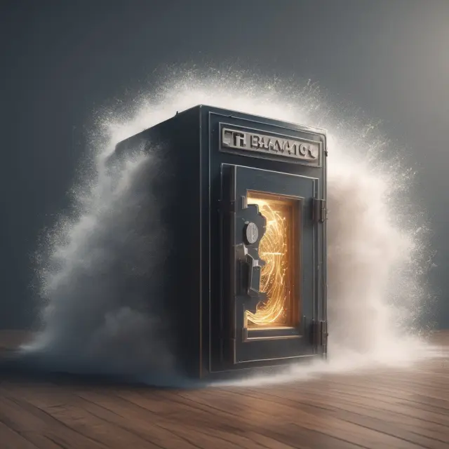 Image depicts digital waves engulfing a traditional bank safe, illustrating the transition to electronic money.