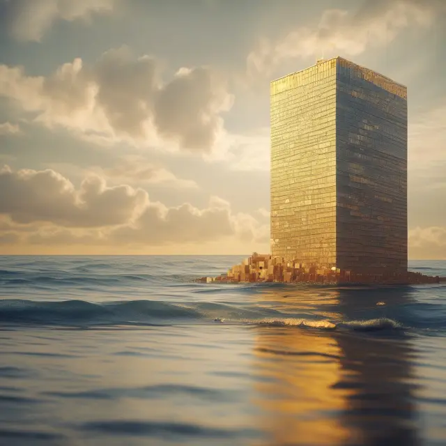 An image of a tall, strong central bank building surrounded by water representing the digital money world, with golden coins flowing from its rooftop symbolizing fiat currency and monetary control
