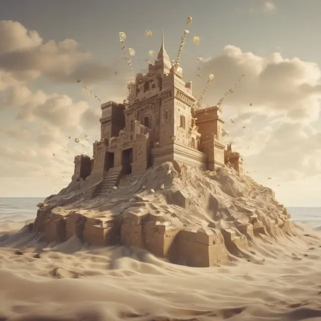 A digital wave crashes onto a sandcastle, representing the merging of electronic and physical currencies.