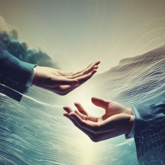 A person receiving digital waves representing electronic funds in a convenient and secure transaction.