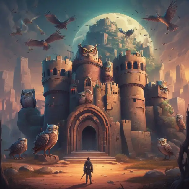 An image of a fortified castle undergoing a cyber attack, with owls watching over it. This depicts the security concerns in electronic money transactions.