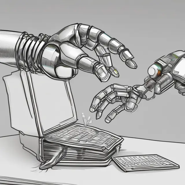 A robot hand exchanging funds between two digital checkbooks, representing secure and efficient direct deposit transactions