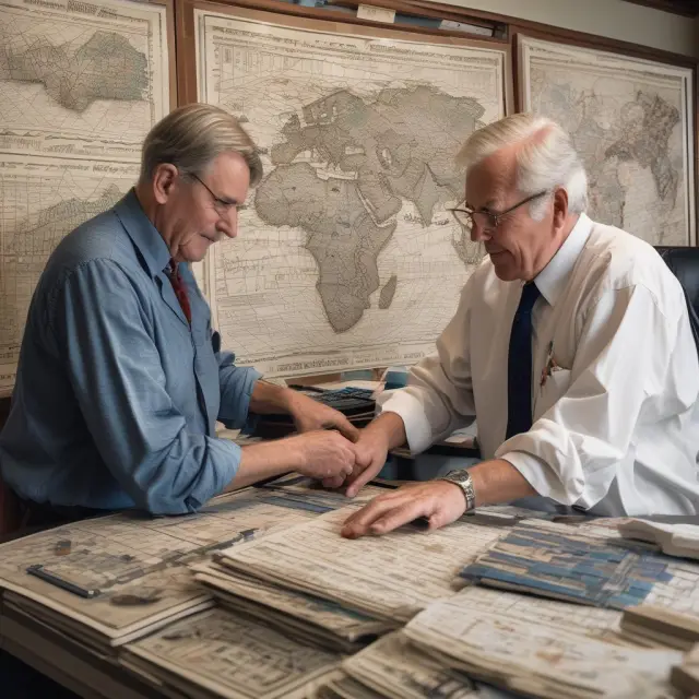 R.N. Elliott creating a mosaic of stock charts, depicting the Elliott Wave Theory and its principles driven by investor sentiment