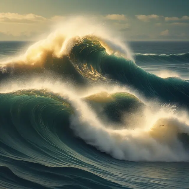 A series of golden waves cresting over an ocean, illustrating Elliott Wave Theory