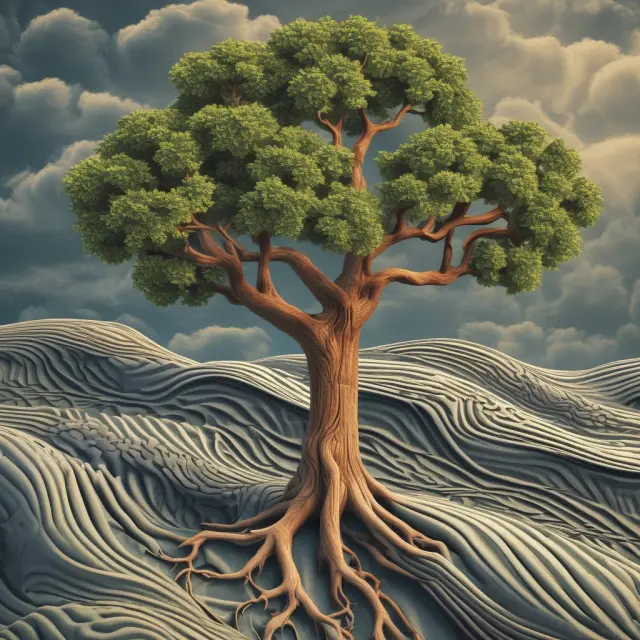 An Elliott wave tree with fractal patterns symbolizing the identification and analysis of market trends