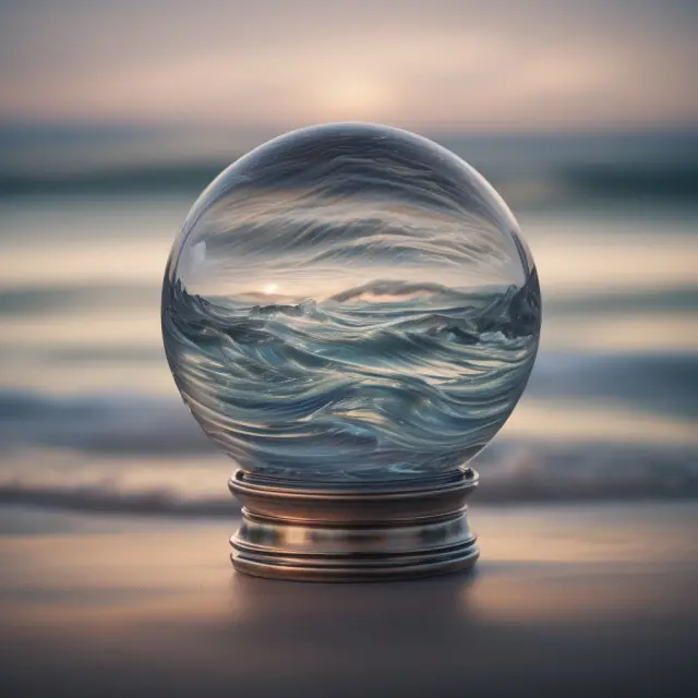 Crystal ball containing intricately intertwined waves representing Elliott Wave patterns and investor sentiment