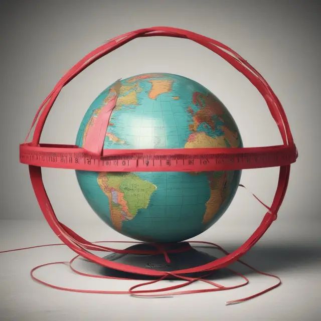 A globe with red tape wrapped around it, representing economic sanctions as embargoes