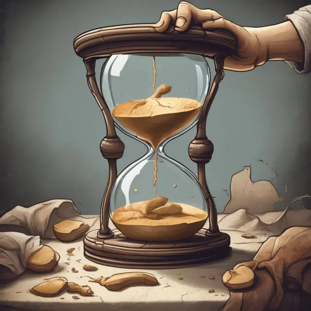 A shattered hourglass pours grain from one hand while denying it with the other, representing the controversial nature of embargoes and their impact on populations.