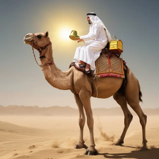 An Arab sheikh on a golden camel releases an oil barrel into the wind, illustrating the Arab Oil Embargo
