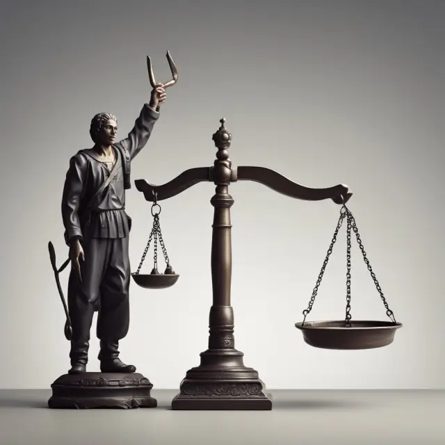 A hand stealing from the balance of justice scales, symbolizing embezzlement consequences: civil damages, criminal sentencing