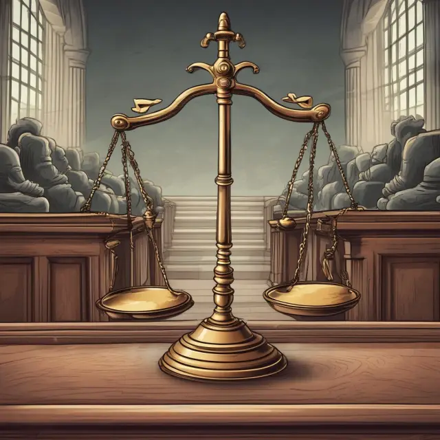 Judge weighing scales with elements of proving embezzlement - fiduciary duty, intentional misappropriation, unjust enrichment, conveyance, and fraud.