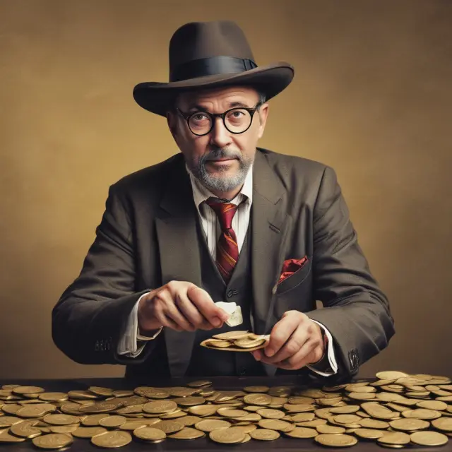 A trustworthy-looking accountant handling gold coins, some of which are subtly being diverted for personal use
