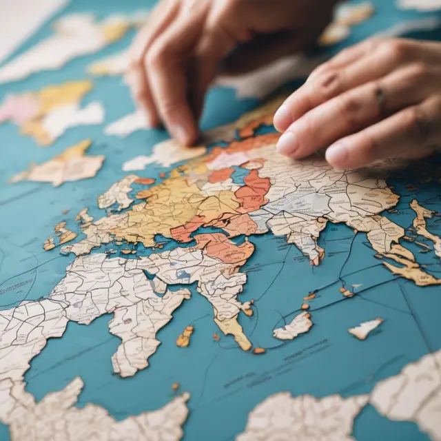 Vibrant puzzle map illustrating the interconnected regions of Europe, Middle East, Africa, and Asia Pacific