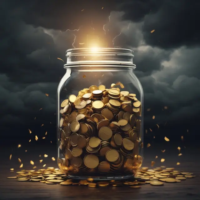 Golden coins filling a savings jar during a storm - An emergency fund protecting against financial uncertainty