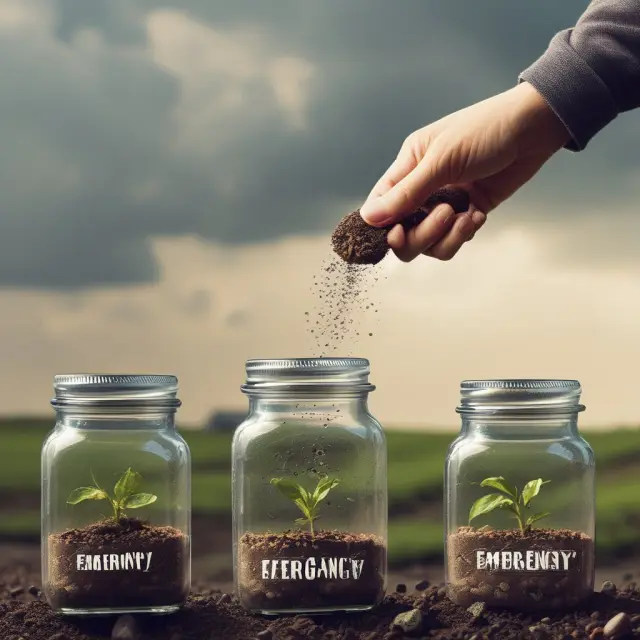 Person nurturing an emergency fund, depicted as a growing plant in a jar, with rainclouds symbolizing savings and piggy banks adding rainwater