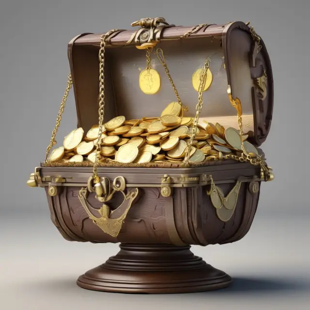 A treasure chest overflowing with gold coins representing emergency funds balanced atop a scale, emphasizing the importance of choosing between quick access and potential returns.