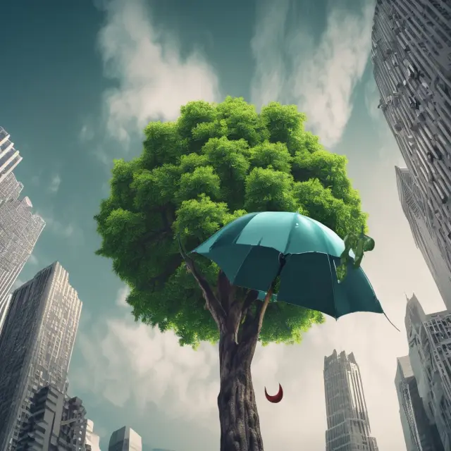 Umbrella tree with stock market towers: Emergency funds shield investors from financial storms