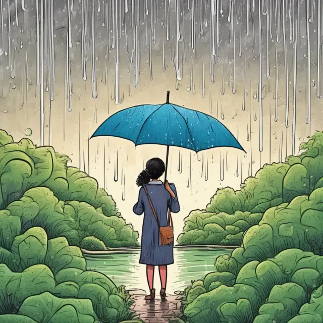 Image of large corporations watering raindrops that blossom into oases representing employee emergency funds